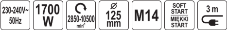 Углошлифовальная машина 125мм с регулировкой, 1700W, YATO 