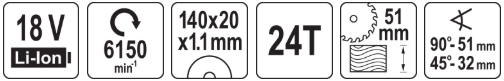 Аккумуляторная циркулярная пила 18V, 140мм, без АКБ, YATO 