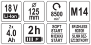 Аккум. бесщеточная углошлифовальная машина 125 мм18V 2х40Ah YATO 