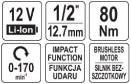 Бесщёточная аккум. ударная трещотка 12V, 1/2'', 80Nm, без АКБ, YATO 