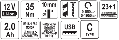 Бесщеточный шуруповерт 12V, 35Nm, 2х2,0Ah, USB, YATO 