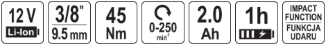 Аккумуляторная ударная трещотка 12V, 3/8'', 45Nm, 2,0Аh YATO 