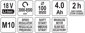 Бесщеточная аккум. углошлифовальная машина18V 100 мм 2х40Ah YATO 
