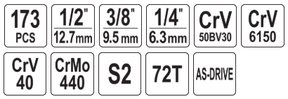 Набор инструментов 1/2" 1/4" 3/8" 173пр XXL YATO 