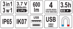 Рабочий магнитный LED фонарь 3в1, 3.7V, 0.8Ah, 600Lm, IP65, USB, YАТО 