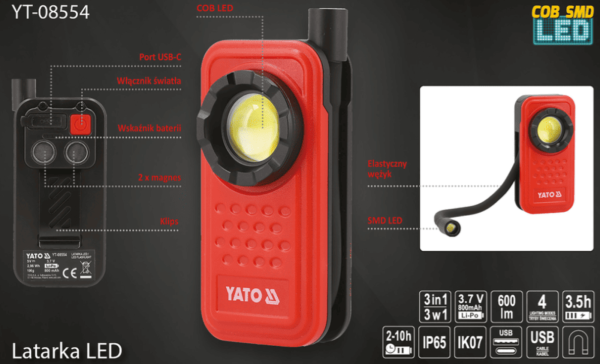 Рабочий магнитный LED фонарь 3в1, 3.7V, 0.8Ah, 600Lm, IP65, USB, YАТО 