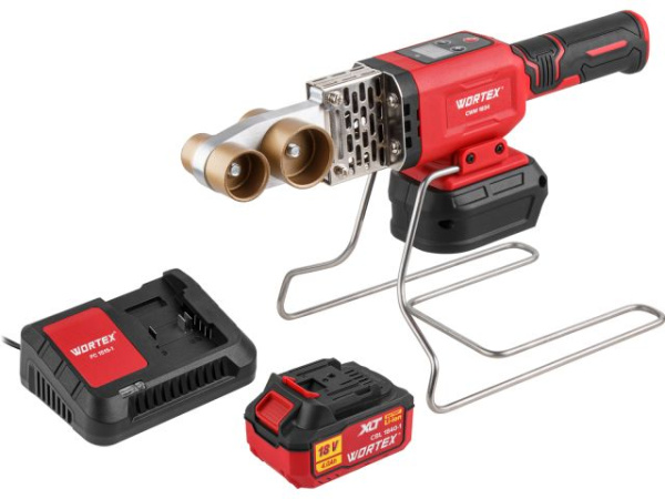 Аккум. сварочный аппарат для полимерных труб WORTEX CWM 1834 ALL1 XLT SET с акб и зу+3 насадки 