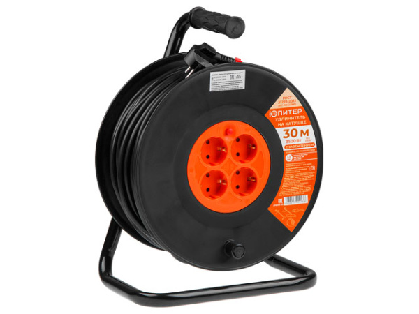 Удлинитель на катушке 30м (4 роз., 3,5кВт, с/з, ПВС 3х1,5) Юпитер (с защитой от перегрузки) (ЮПИТЕР)