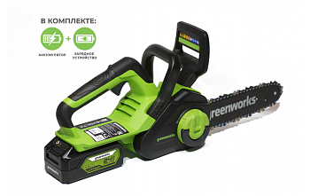 Пила цепная аккумуляторная G24CS25K4 24В (в комплекте АКБ 4А/ч + ЗУ) Greenworks
