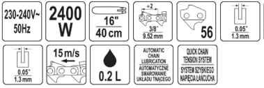 Электрическая цепная пила 2400W, 16"(405мм) YATO