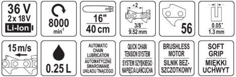 Цепная пила аккумуляторная, бесщеточная 36V, 16'', без АКБ YATO 