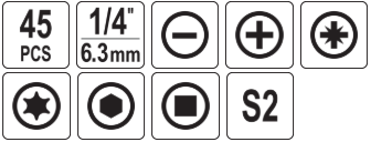 Набор бит 1/4" 6,3 мм S2, 45пр, YATO