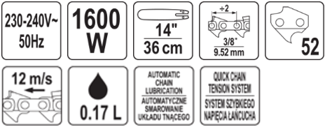 Электрическая цепная пила 1600W, 14"(355мм) YATO