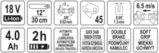 Цепная пила аккумуляторная 18V,12'', 4Ah YATO 